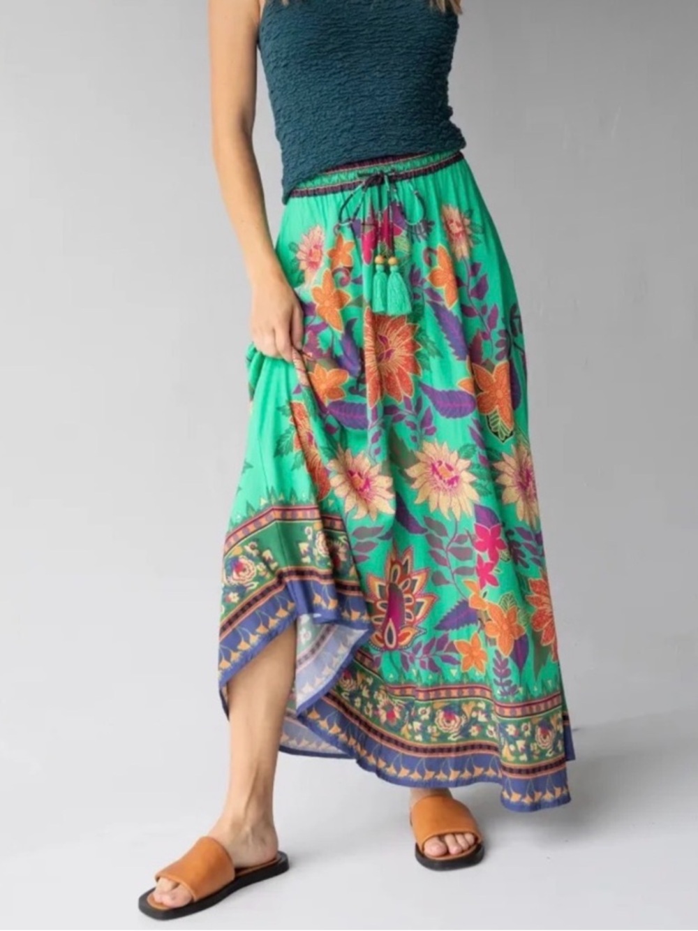 NATURAL LIFE Milena Green Floral Boho Maxi Skirt with Tassel Tie